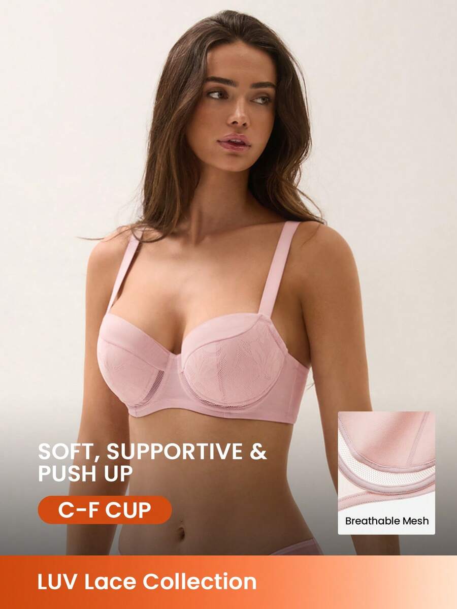 LUVLETTE Underwire Lightly Lined Pink Mesh Lace Push-Up Support Sheer Minimizer Lingerie Bra - Pink - View 1