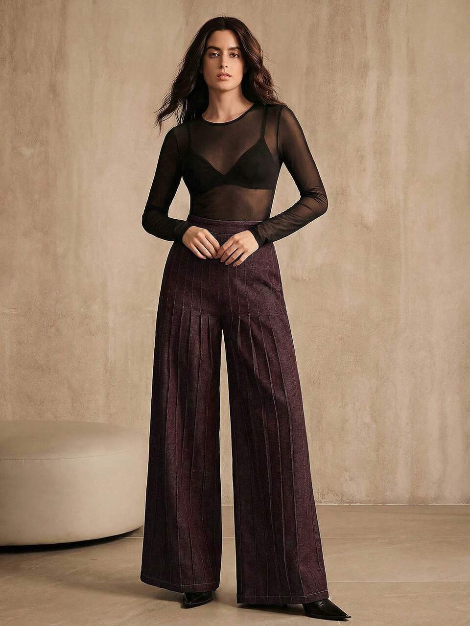 Anewsta Women's Elegant Vacation, Valentine's Day, Women's Day, Mother's Day, Birthday, Evening Date Vintage Denim Effect Long Pants, Wide Leg Summer Pants Pleated Wide Leg Pants, Vintage Fashion Wide Leg Denim Effect Long Pants