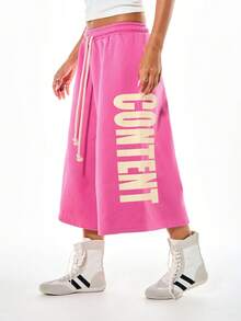 SUMWON WOMEN Culottes shorts à jambes larges avec taille à cordon de serrage, jambes surdimensionnées, imprimé, longueur sous le genou, pantalon décontracté d'été - Rose bonbon - Voir 4