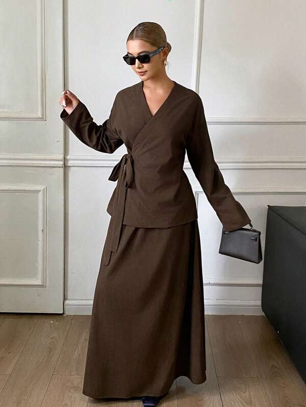 DAZY Solid Color Loose Asymmetrical Tie Long Sleeve V-Neck Corduroy Jacket & Elastic Waist Umbrella Skirt Casual Vacation Spring Autumn 2-Piece Set For Women