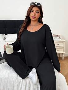SHEIN EZwear Plus Size Women's Solid Color Round Neck Long Sleeve Top And Pants Casual Daily 2-Piece Set Fall - Black - View 2