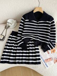 SHEIN Girls' Autumn/Winter Fashion Striped Knit Sweater Long Sleeve Cardigan & Black Skirt Set Pullover - Black - View 2