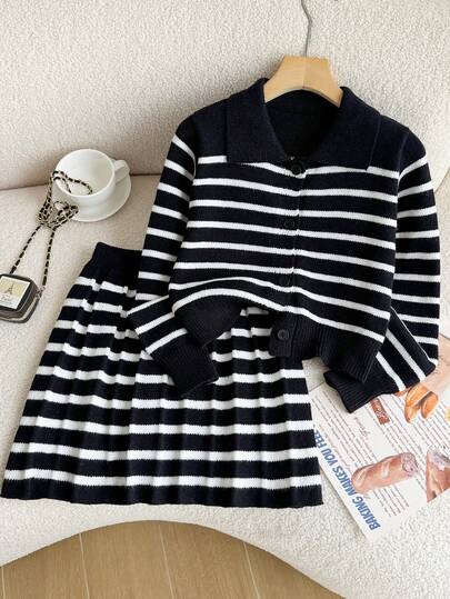 SHEIN Girls' Autumn/Winter Fashion Striped Knit Sweater Long Sleeve Cardigan & Black Skirt Set