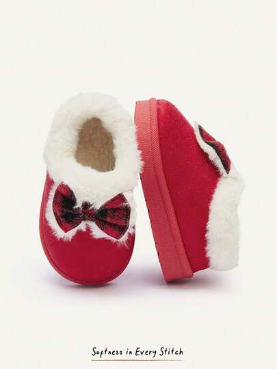 Cozy Pixies Girls Bright Red Bow Plaid Cute One Pedal Cover Wearing Casual Slippers Suitable For Winter Home Parties Wearing Christmas Valentine's Day