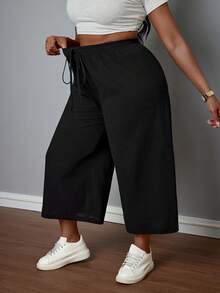 SHEIN PETITE CURVE 大尺碼女款純色休閒百搭寬鬆短版棉質長褲 情人節 - 黑色 - 查看 6