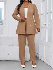 SHEIN Lady 大尺碼秋冬優雅通勤辦公黑色針織立領金扣長版開襟外套 - 駝色 - 查看 6