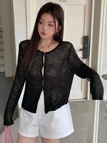 Dazy Plus 女款大尺碼圓領素色長袖透視開襟衫，休閒上衣，適合春、夏、秋季 - 黑色 - 查看 5