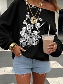 Betty Boop x SHEIN SHEIN EZwear 休閒寬鬆露肩卡通印花加厚衛衣，適合外出、街頭風、時尚、返校、Y2K、派對日常穿搭，秋季 - 黑色 - 查看 9