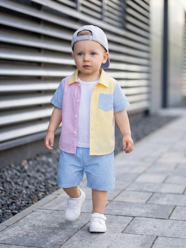 SHEIN Baby Boys' Casual Kawaii Blue And White Striped White Shirt Shorts Set Baby Boy Summer Clothes Holiday Vacation