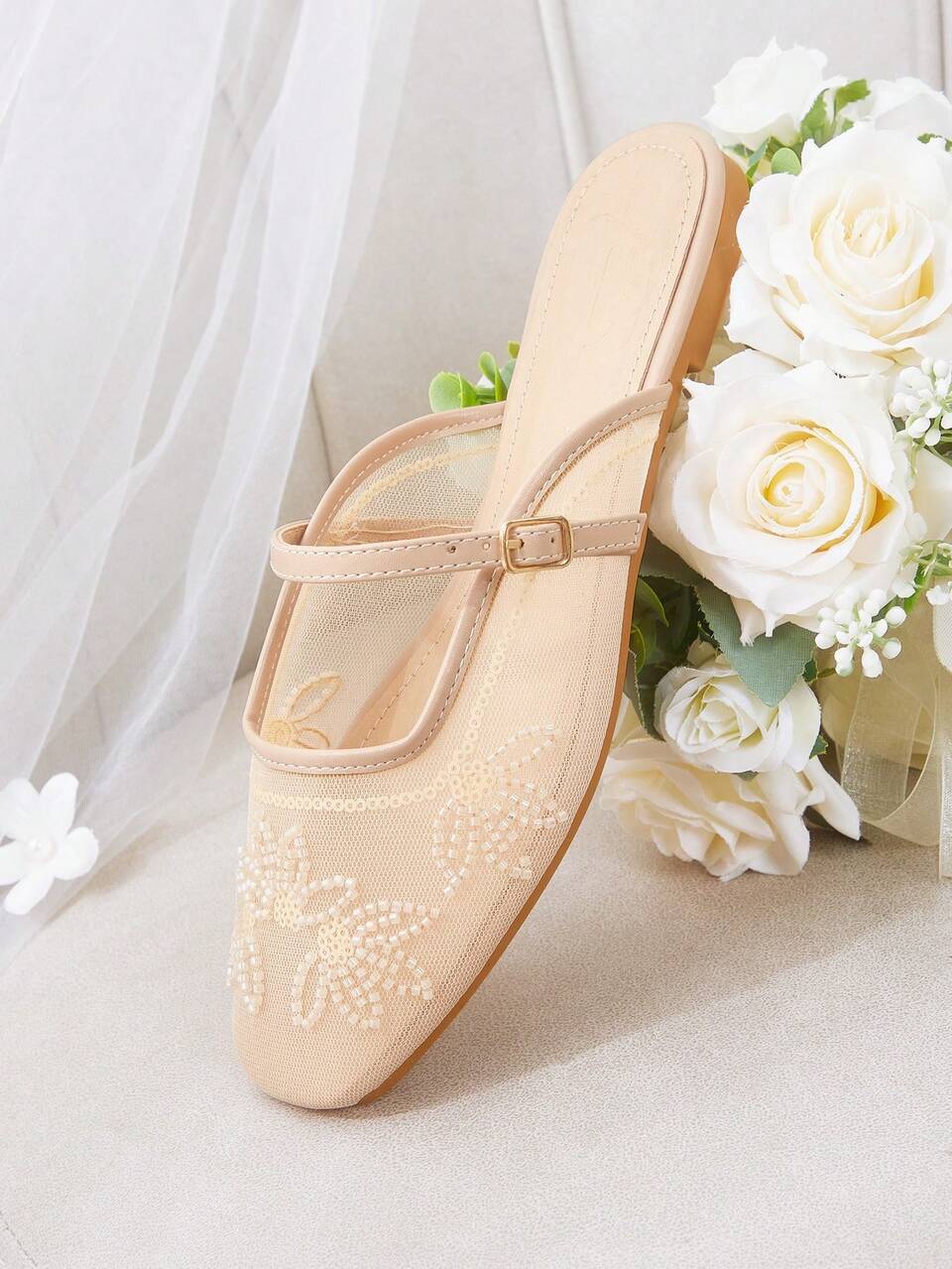 CUCCOO HITCHD Women's Square Toe Lace Splicing Rose Decoration Casual Outdoor Breathable Hollow Flats, Versatile Loafers, Ballet Flats, Mary Jane Shoes