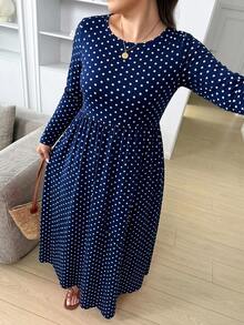 SHEIN LUNE Plus Size Polka Dot Cinched Waist Casual Dress Fall - Navy Blue - View 3