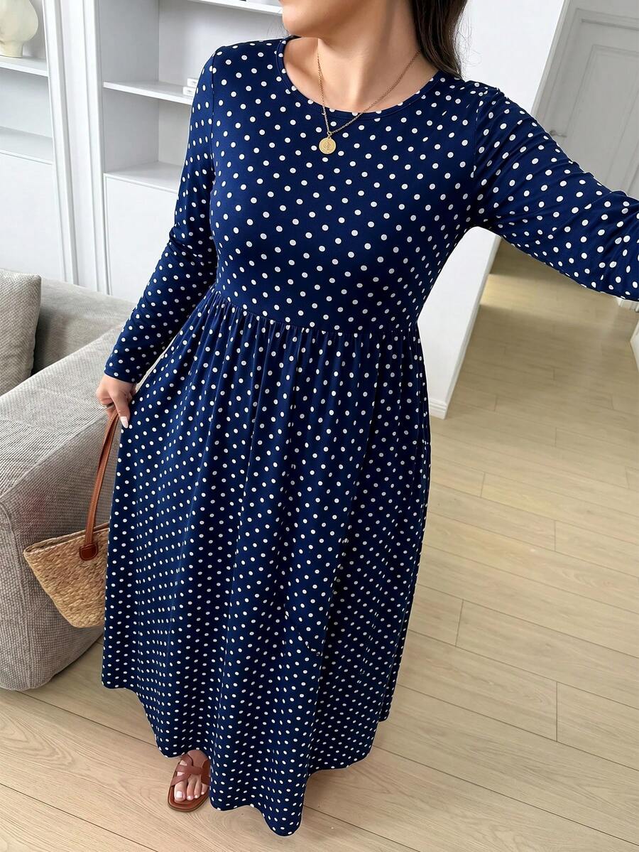 SHEIN LUNE Plus Size Polka Dot Cinched Waist Casual Dress Fall - Navy Blue - View 1