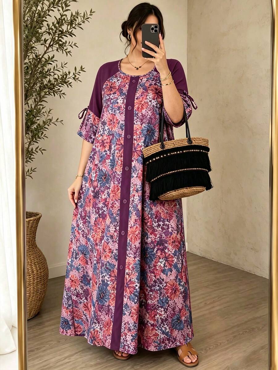 Lacomfia Random Floral Purple-Red Print Flower Dress Elegant Boho Fashion Beautiful Loose Half Sleeve Five-Point Sleeve Casual Plus Size Vacation Formal Summer - Multicolor - View 1