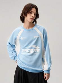 Vaulklash Men's Letter Print Round Neck Raglan Long Sleeve Pullover Light Blue Sweatshirt Streetwear 90s Style Casual Graphic , Fall - Baby Blue - View 4
