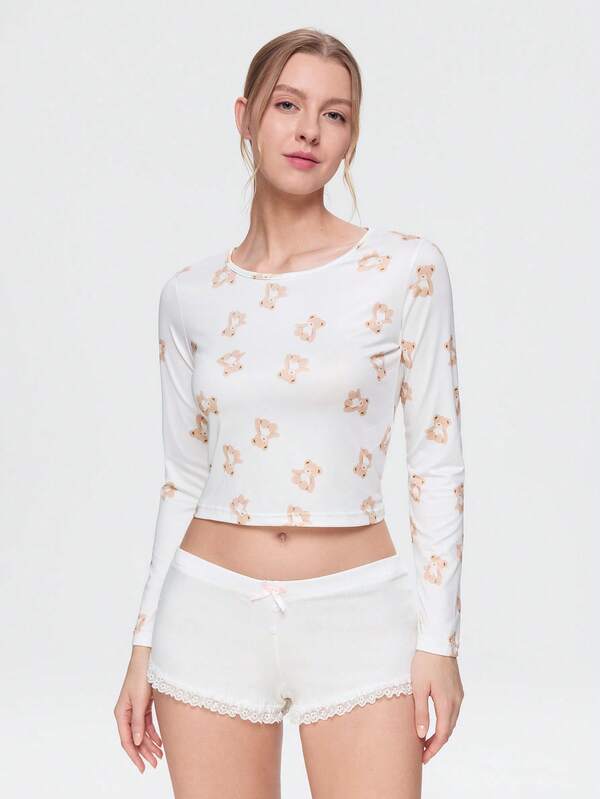 Bonmuse 2026 New Women's Graphic T-Shirt, Cute Bear Print, Slim Fit Sexy Style, Women's Pajamas & Loungewear, Suitable For Summer & Spring, Y2K