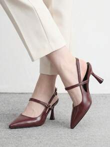 CUCCOO BIZCHIC 女款尖頭細高跟鞋 酒紅色 時尚基礎款 日常百搭 通勤上班購物用 後跟提拉式 Slingback 高跟鞋 - 紅色1 - 查看 5