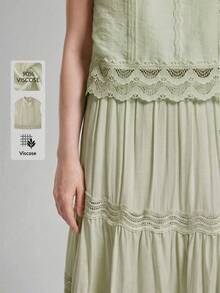 Ontre Women's Lace Patchwork Fashion Hollow Pleated Round Neck Top Sweet - Green - View 4
