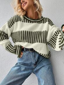 EURMUSE Striped Pattern Drop Shoulder Sweater - Khaki - View 5
