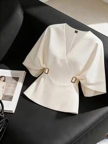 GlowEve French Chic Distinctive Blouse, Lightweight Luxury High-End Commuter Versatile Cinched Waist Batwing Sleeve Shirt, Summer - Apricot - View 1