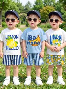 Randomly Ships 3 Of 5,Letter Print Crew Neck Short Sleeve Top And Matching Print Shorts Outfit Set For Outdoor Activities,School Clothes - Multicolor - View 4