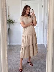 SHEIN 孕婦夏季休閒純色短袖洋裝 - 卡其色 - 查看 11