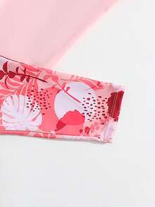 SHEIN Conjunto de traje de baño con estampado tropical y patchwork para niña preadolescente - Rosa Pálido - Ver 6