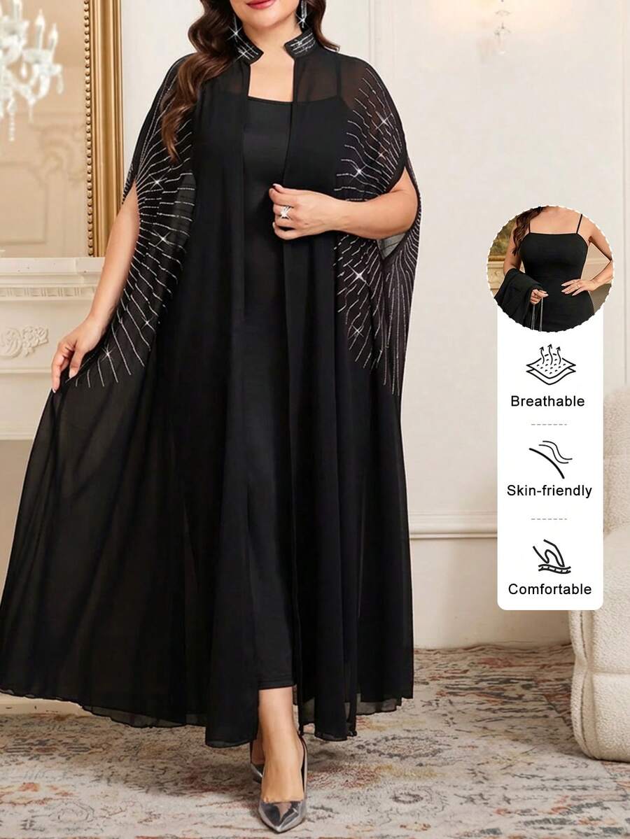 SHEIN Clasi Plus Size Women's Solid Color Camisole Dress And Cardigan Casual Outfit, 2 Pieces Set - Black - View 1
