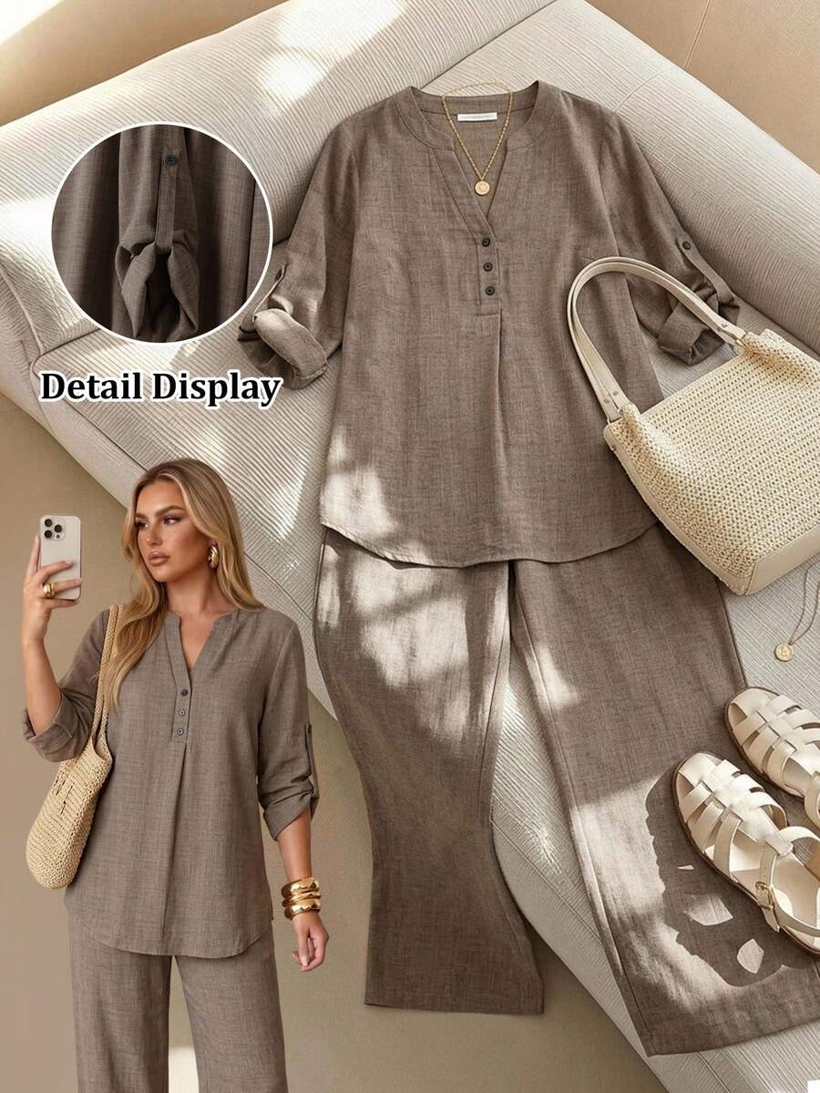 SHEIN Tall CURVE 大尺碼女款高個巧克力棕色兩件套 純色收口袖襯衫+寬腿長褲 簡約休閒傳統秋季度假套裝 - 棕色 - 查看 1