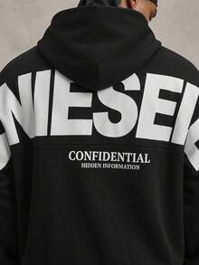 PAVTROS Men's Young Letter Print Pocket Hoodie And Casual Long Pants Set - Black - View 3