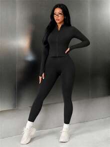 SHEIN Solid Color Slim Fit Jacket And Leggings Sports Set - Black - View 5