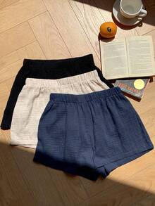 Comfortcana Conjunto de 3 piezas de pantalones cortos de lino de unicolor/multicolor cómodos casuales versátiles talla grande para primavera/verano - azul real - Ver 7