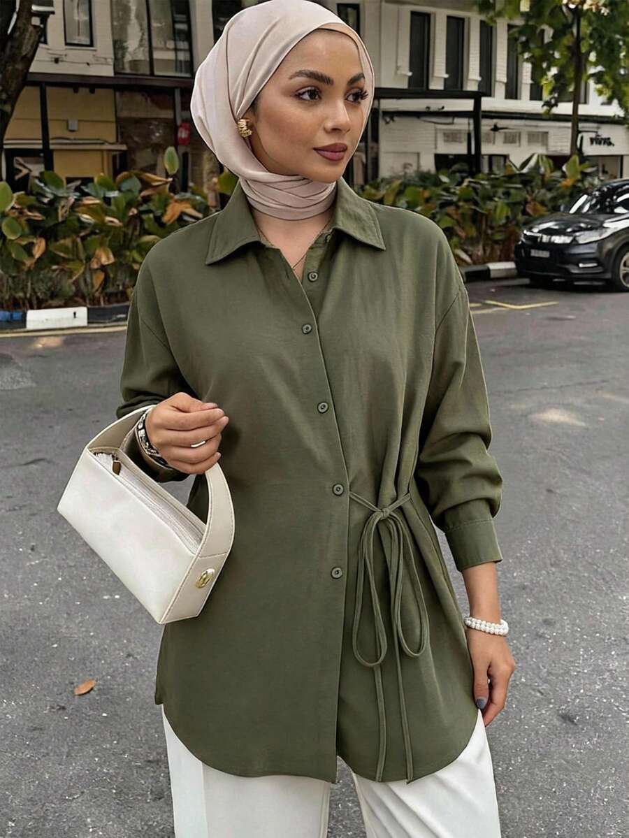 DAZY 女款純色綁帶休閒百搭日常出遊長袖襯衫 - 綠色 - 查看 1