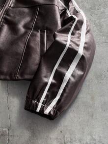 AXEPEAK Men's Fashion Zipper Striped Colorblock Pocket PU Material Jacket - Brown - View 4