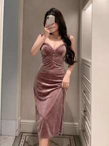 DAZY 女款蕾絲拼接修身無袖露背睡裙家居服 - 淺灰紫 - 查看 7