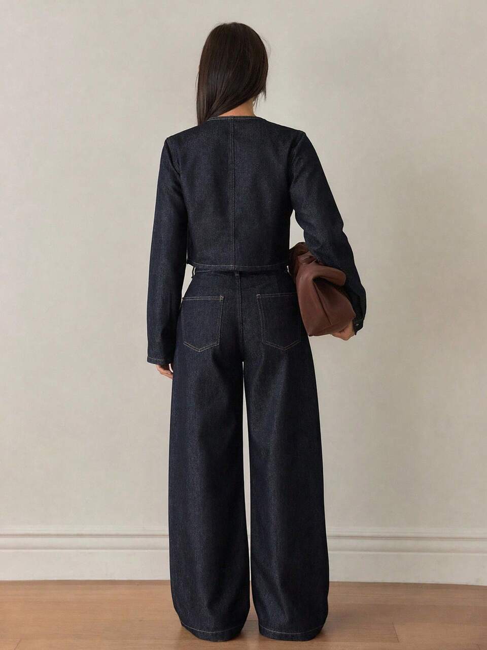 Women's Cotton V-Neck Long Sleeve Tie Waist Deep Blue Solid Color Denim Top With Wide Leg Pants Denim Set Fall