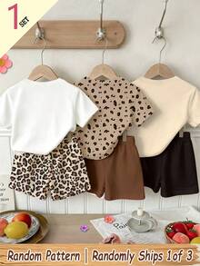 (1 Random Item From 3) Baby Girl Heart Leopard Bow Rabbit Graphic Print Summer Casual Basic Short T-Shirt And Shorts Set - Multicolor - View 2