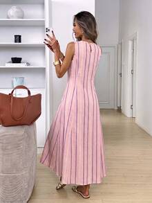 SHEIN LUNE Women's Casual Sleeveless Round Neck Dress, Suitable For Summer Daily Wear, Sleeveless Waist-Cinching Elegant Long Dress, Suitable For Summer Casual Outings. Pink Striped Print Pattern, Women's Commute Outfit, Music Festival, Beach Outfit, Vacation Outfit - Multicolor - View 2
