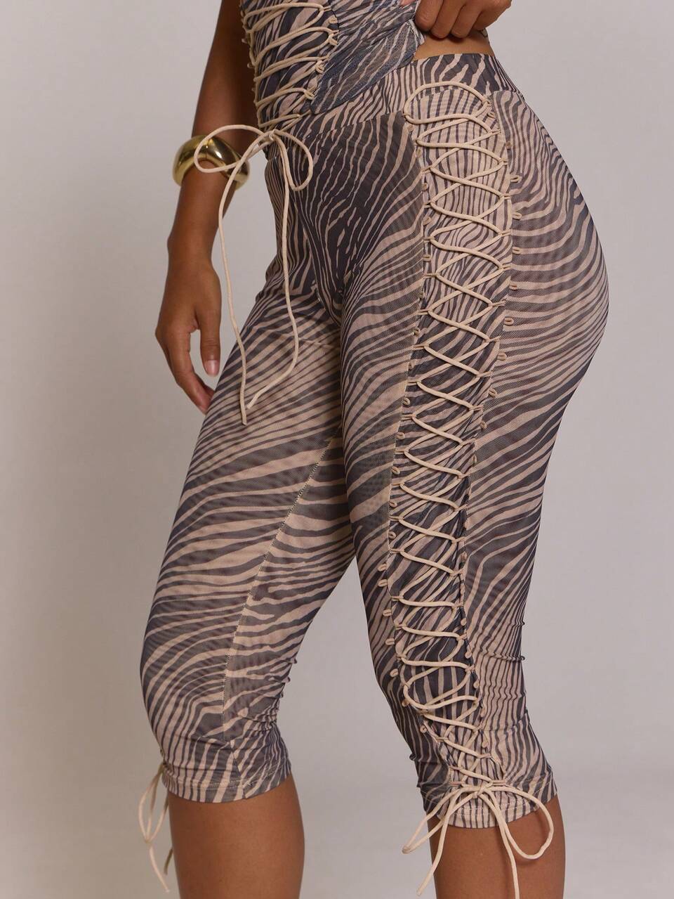 Tiger Print Elasticated Waist Lace Up Sides Fitted Capri Pants Coord Bottoms Only Cute Sexy Holiday Spring Summer Festival Cool Girl Vintage Evening P
