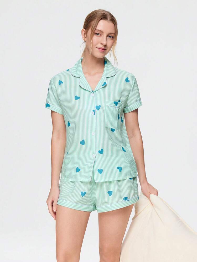 Bonmuse Set Piyama Wanita Model Gelembung Berkerut Pendek dengan Motif Garis dan Hati - Atasan Lengan Pendek Berkerah Kancing dan Celana Panjang, Pakaian Tidur Lembut, Dapat Dicuci dengan Mesin, Dapat Dipakai Sebagai Pakaian Luar, Musim Panas - Hijau - View 8
