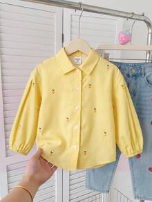 SHEIN 女童少女可愛時尚休閒百搭翻領粉色條紋草莓圖案落肩寬鬆長袖襯衫，學院風，返校季 - 彩色 - 查看 4