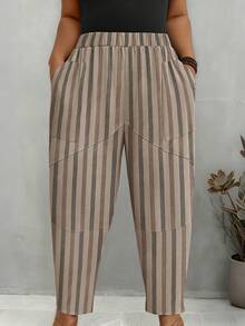 EMERY ROSE Pantalones de pierna cónica con líneas decorativas a rayas y abertura para talla grande, otoño - Albaricoque - Ver 3