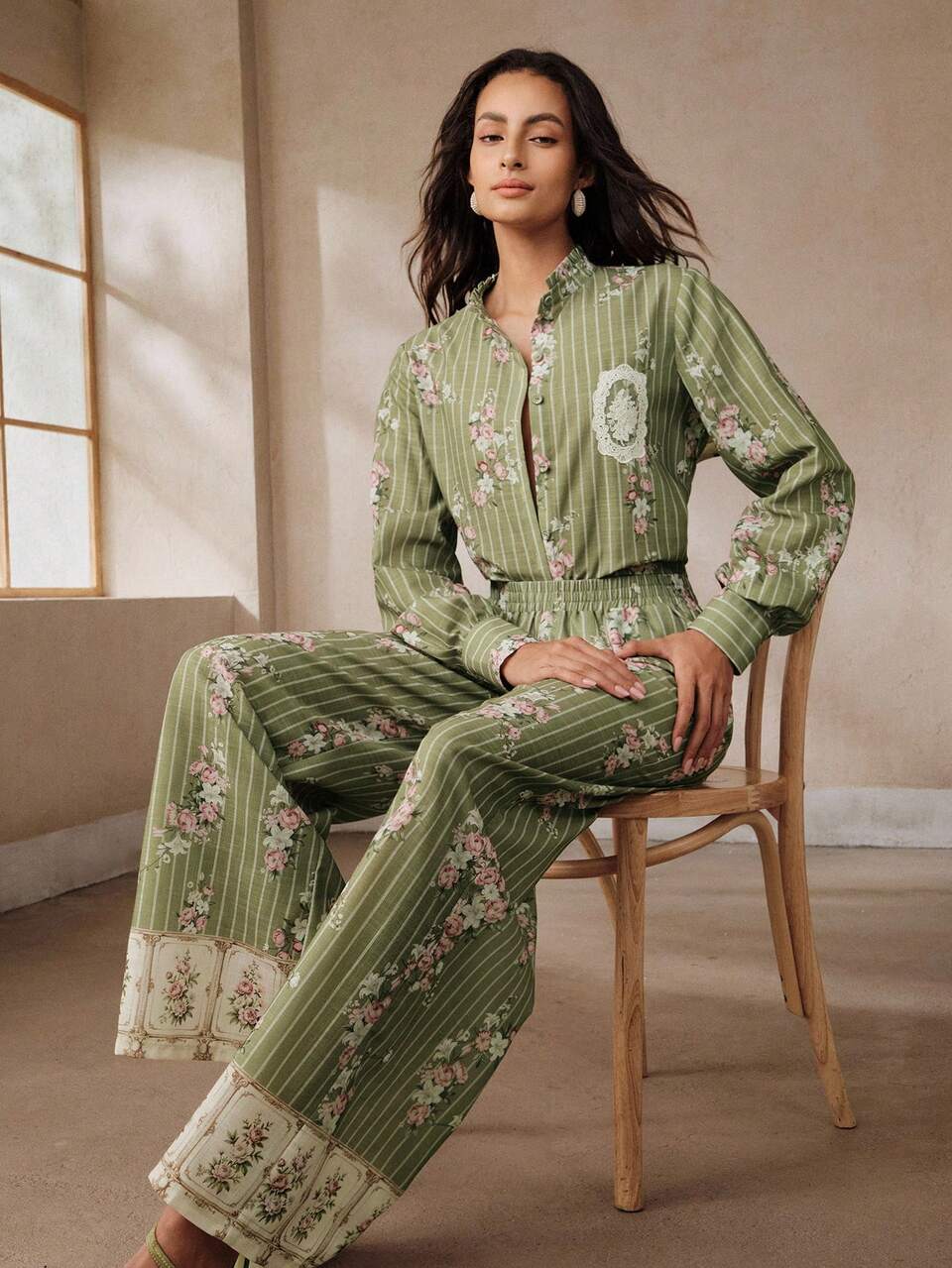 Anewsta Modern Style Long Sleeve Top With Collar Design & Striped Random Floral Pattern Pants, Exquisite Design 2-Piece Set, Work Outfits For Women, Autumn Outfit For Women