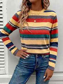 SHEIN LUNE Women's New Spring/Autumn Fashion Round Neck Digital Stripe Print Long Sleeve T-Shirt - Multicolor - View 6