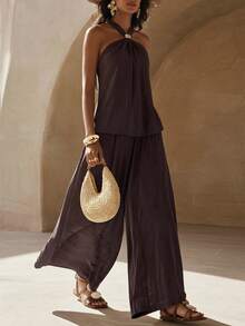 Zivah Spring/Summer Music Festival Easter St. Patrick's Day Valentine's Day Beach Vacation Sexy Jamaican Sleeveless Halter Neck Linen Shades Of Brown Pants - Brown - View 7