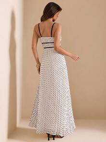 SHEIN BAE Summer White And Black Polka Dot Spaghetti Strap Ruched Bodycon A-Line Dress, Brunch Tea Party Vacation Wedding Guest Elegant Romantic - Black and White - View 2