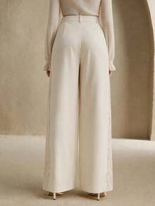 Anewsta Elegant White Wide-Leg Pants With Contrast Lace And Pleats, Suitable For Daily Wear Brunch Tea Party And Dates Autumn - Apricot - View 2