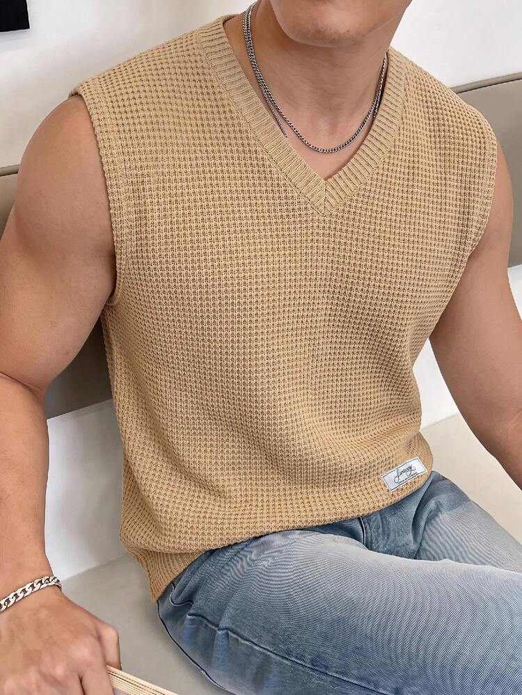 SWAVVY Men's Summer Casual Loose Fit Sleeveless Tank Top T-Shirt Standard Size Apricot V-Neck Plain - Apricot - View 9