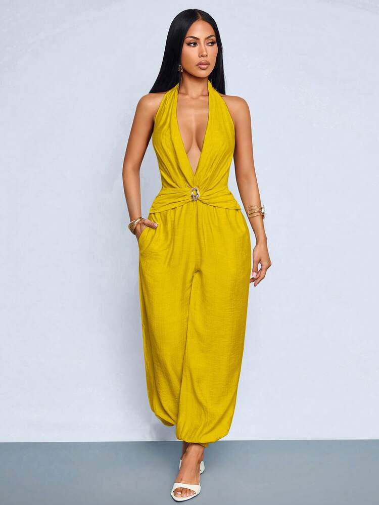 SOLERSUN Women's Elegant Sexy Deep V-Neck Waist-Snatching Tapered Leg Romper With Buckle Detail Halter Backless Harem Jumpsuit With Side Pockets,Chic Night Out - Yellow - View 5