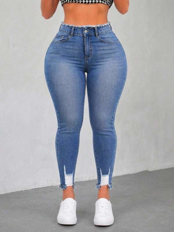 Jeans ajustados mujer, Pantalones vaqueros elásticos rotos bordes crudos, pitillo elástico estampado lavado bigote gato, diseño desgastado, resalta glúteos, casual versátil mujer