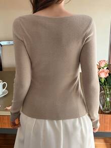 DAZY Women's Solid Color Elastic Ribbed Slim Fit Long Sleeve Pullover Knit Sweater, Casual Holiday Everyday Spring Autumn Top Vacation - Apricot - View 3